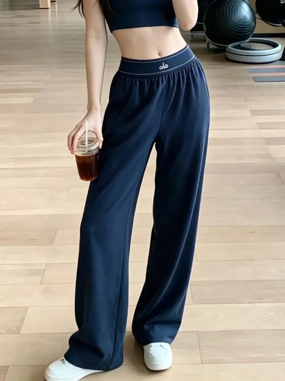 ALO Yoga Navy Wide-Leg Lounge Pants with Logo Waistband